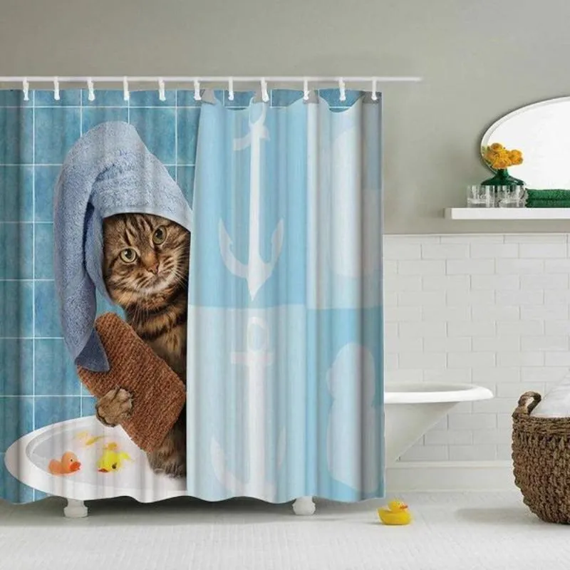 Cute Shower Curtain Funny Cat Print Shower Curtains Blue 12 Hooks Waterproof Fabric Mildew Resistant