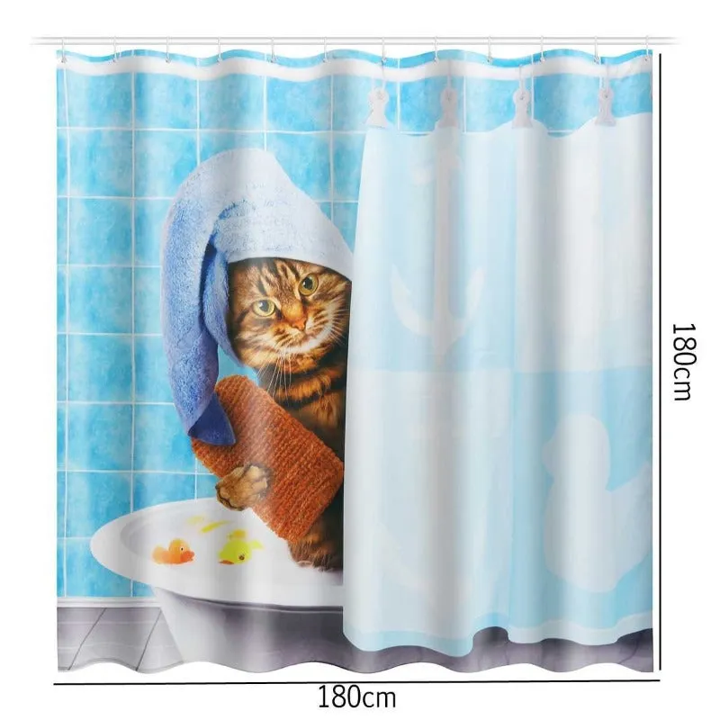 Cute Shower Curtain Funny Cat Print Shower Curtains Blue 12 Hooks Waterproof Fabric Mildew Resistant