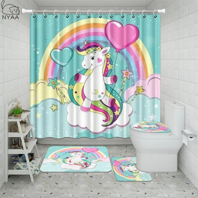 Cute Unicorn Farting Rainbow Funny Shower Curtain Sets Non-Slip Rugs Toilet Lid Cover and Bath Mat Waterproof Bathroom Curtains