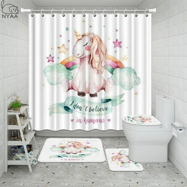 Cute Unicorn Farting Rainbow Funny Shower Curtain Sets Non-Slip Rugs Toilet Lid Cover and Bath Mat Waterproof Bathroom Curtains