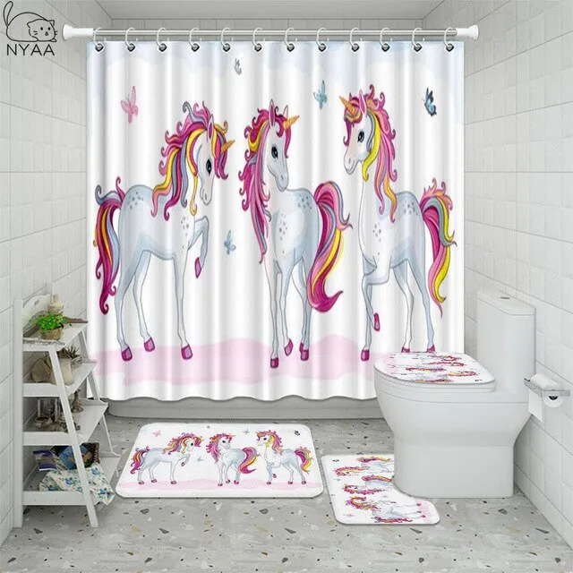 Cute Unicorn Farting Rainbow Funny Shower Curtain Sets Non-Slip Rugs Toilet Lid Cover and Bath Mat Waterproof Bathroom Curtains