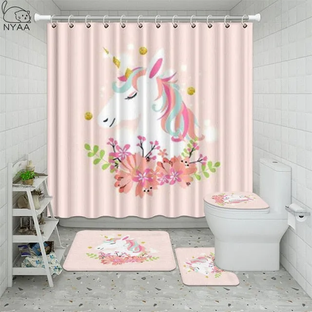 Cute Unicorn Farting Rainbow Funny Shower Curtain Sets Non-Slip Rugs Toilet Lid Cover and Bath Mat Waterproof Bathroom Curtains