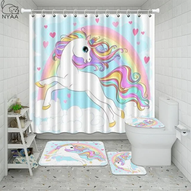 Cute Unicorn Farting Rainbow Funny Shower Curtain Sets Non-Slip Rugs Toilet Lid Cover and Bath Mat Waterproof Bathroom Curtains