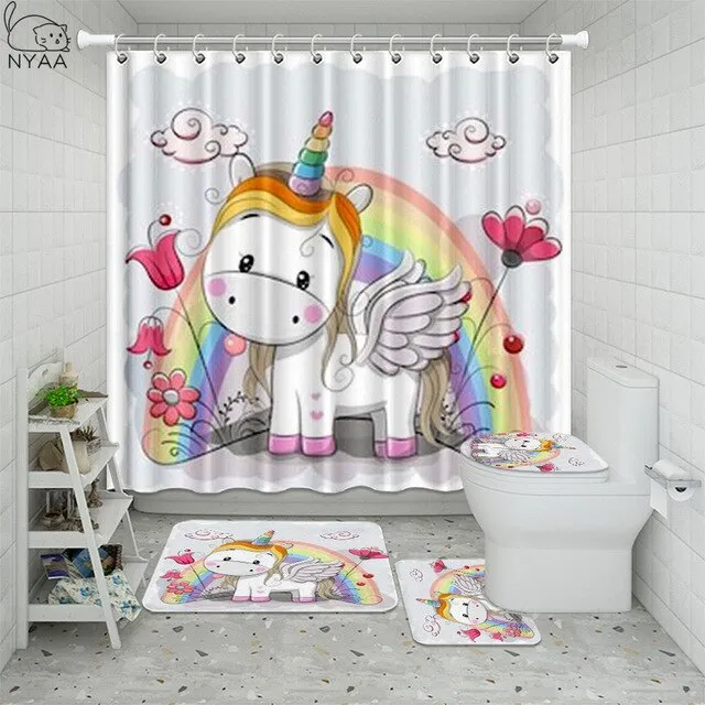 Cute Unicorn Farting Rainbow Funny Shower Curtain Sets Non-Slip Rugs Toilet Lid Cover and Bath Mat Waterproof Bathroom Curtains