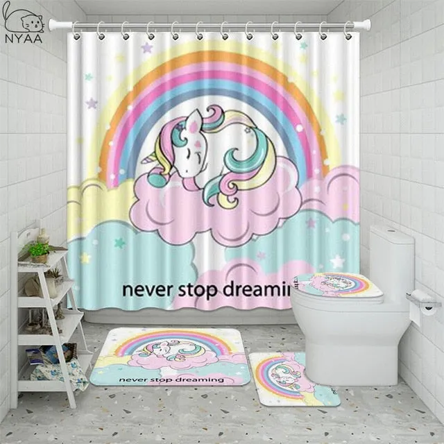 Cute Unicorn Farting Rainbow Funny Shower Curtain Sets Non-Slip Rugs Toilet Lid Cover and Bath Mat Waterproof Bathroom Curtains