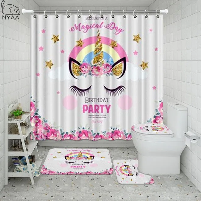 Cute Unicorn Farting Rainbow Funny Shower Curtain Sets Non-Slip Rugs Toilet Lid Cover and Bath Mat Waterproof Bathroom Curtains