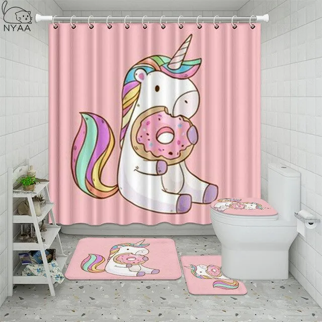 Cute Unicorn Farting Rainbow Funny Shower Curtain Sets Non-Slip Rugs Toilet Lid Cover and Bath Mat Waterproof Bathroom Curtains