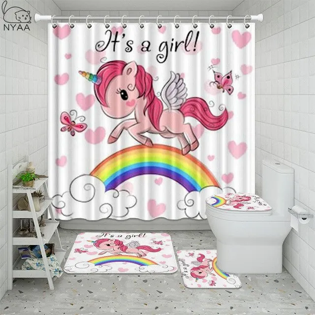 Cute Unicorn Farting Rainbow Funny Shower Curtain Sets Non-Slip Rugs Toilet Lid Cover and Bath Mat Waterproof Bathroom Curtains