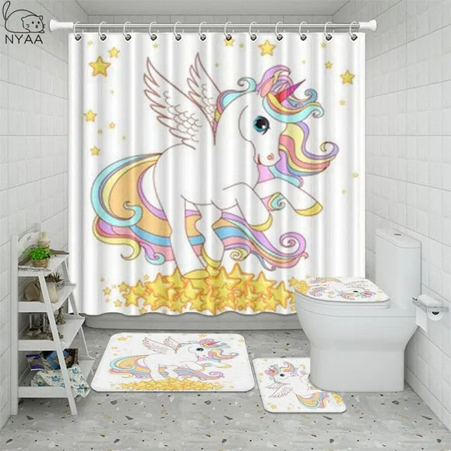 Cute Unicorn Farting Rainbow Funny Shower Curtain Sets Non-Slip Rugs Toilet Lid Cover and Bath Mat Waterproof Bathroom Curtains