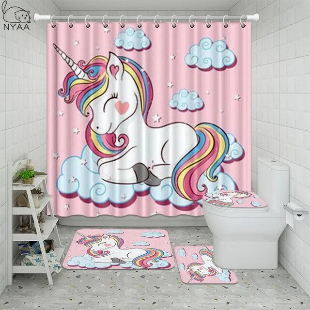 Cute Unicorn Farting Rainbow Funny Shower Curtain Sets Non-Slip Rugs Toilet Lid Cover and Bath Mat Waterproof Bathroom Curtains