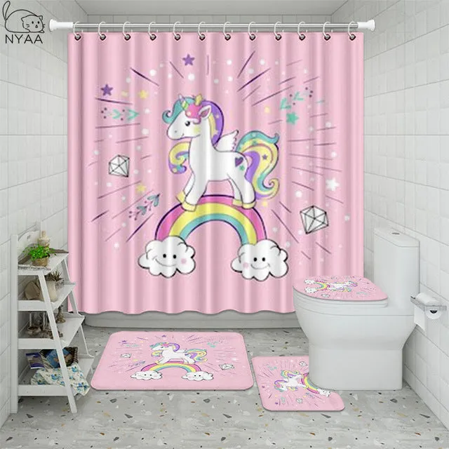 Cute Unicorn Farting Rainbow Funny Shower Curtain Sets Non-Slip Rugs Toilet Lid Cover and Bath Mat Waterproof Bathroom Curtains