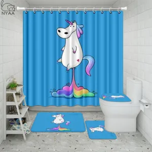 Cute Unicorn Farting Rainbow Funny Shower Curtain Sets Non-Slip Rugs Toilet Lid Cover and Bath Mat Waterproof Bathroom Curtains