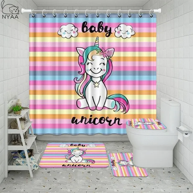 Cute Unicorn Farting Rainbow Funny Shower Curtain Sets Non-Slip Rugs Toilet Lid Cover and Bath Mat Waterproof Bathroom Curtains