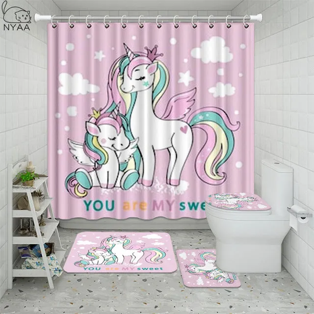 Cute Unicorn Farting Rainbow Funny Shower Curtain Sets Non-Slip Rugs Toilet Lid Cover and Bath Mat Waterproof Bathroom Curtains