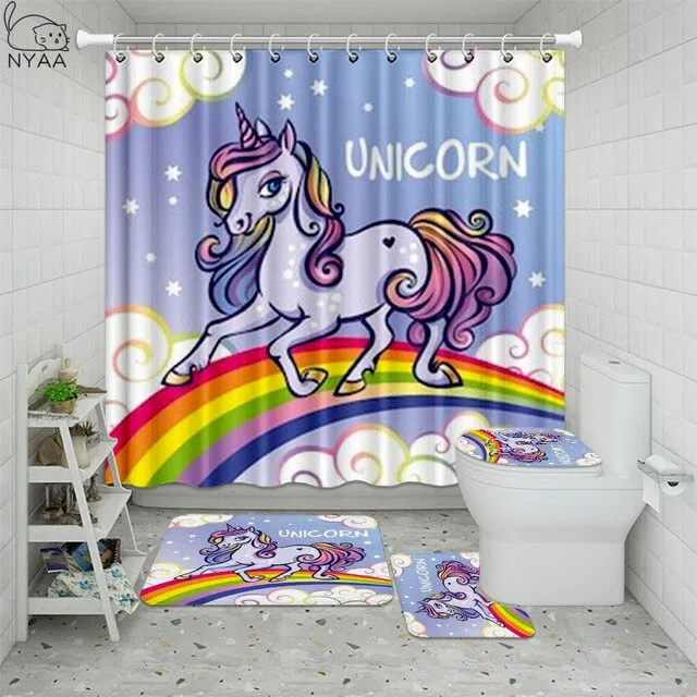 Cute Unicorn Farting Rainbow Funny Shower Curtain Sets Non-Slip Rugs Toilet Lid Cover and Bath Mat Waterproof Bathroom Curtains