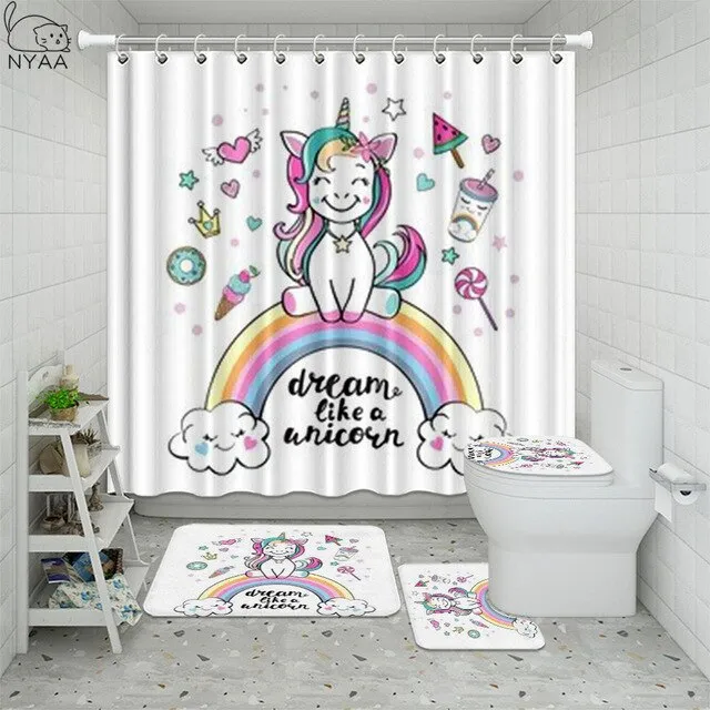 Cute Unicorn Farting Rainbow Funny Shower Curtain Sets Non-Slip Rugs Toilet Lid Cover and Bath Mat Waterproof Bathroom Curtains