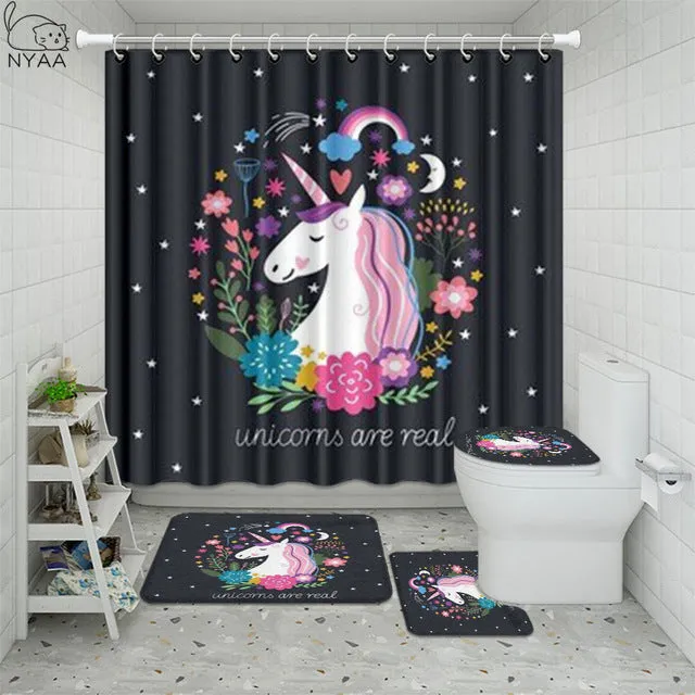 Cute Unicorn Farting Rainbow Funny Shower Curtain Sets Non-Slip Rugs Toilet Lid Cover and Bath Mat Waterproof Bathroom Curtains