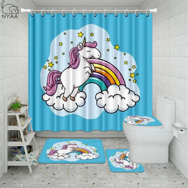 Cute Unicorn Farting Rainbow Funny Shower Curtain Sets Non-Slip Rugs Toilet Lid Cover and Bath Mat Waterproof Bathroom Curtains