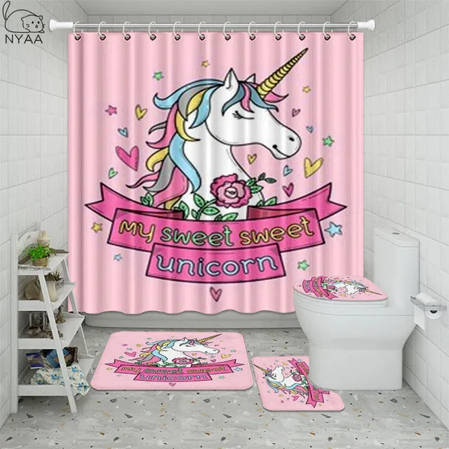 Cute Unicorn Farting Rainbow Funny Shower Curtain Sets Non-Slip Rugs Toilet Lid Cover and Bath Mat Waterproof Bathroom Curtains