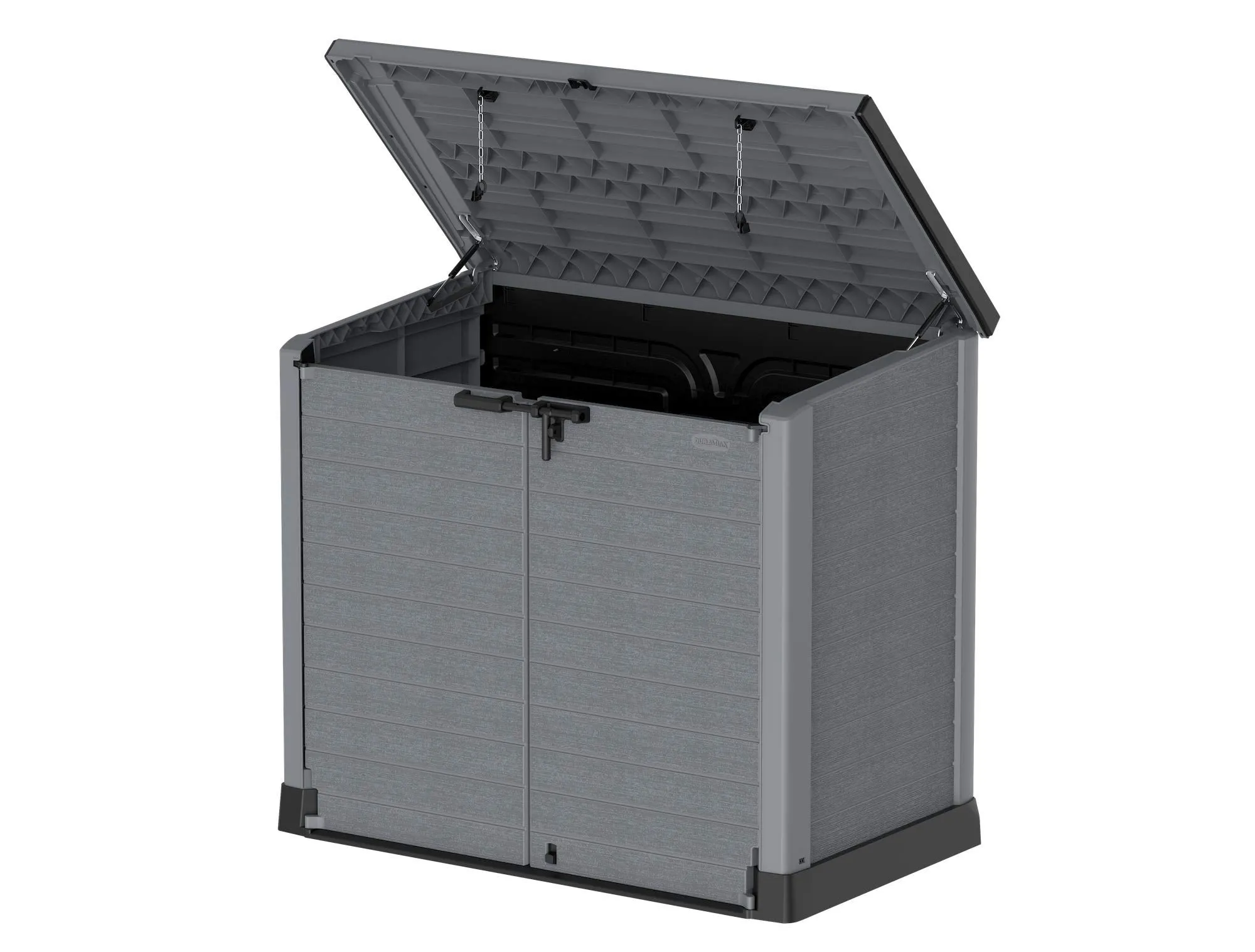 Duramax Cedargrain StoreAway 1200L Plastic Garden Storage Shed/ Flat Lid, Outdoor Storage, Wheelie bin box, Durable Construction– Ideal for Tools, Bikes, BBQs & 2x 240L Bins, 145x85x125 cm, Grey