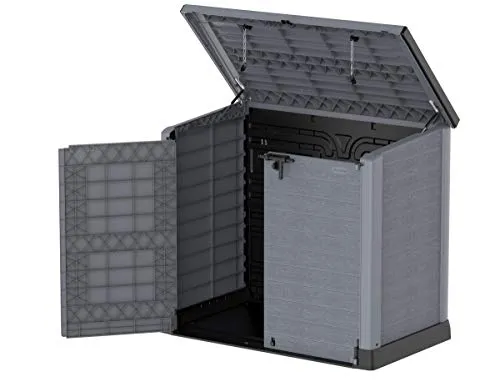 Duramax Cedargrain StoreAway 1200L Plastic Garden Storage Shed/ Flat Lid, Outdoor Storage, Wheelie bin box, Durable Construction– Ideal for Tools, Bikes, BBQs & 2x 240L Bins, 145x85x125 cm, Grey