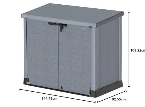 Duramax Cedargrain StoreAway 1200L Plastic Garden Storage Shed/ Flat Lid, Outdoor Storage, Wheelie bin box, Durable Construction– Ideal for Tools, Bikes, BBQs & 2x 240L Bins, 145x85x125 cm, Grey