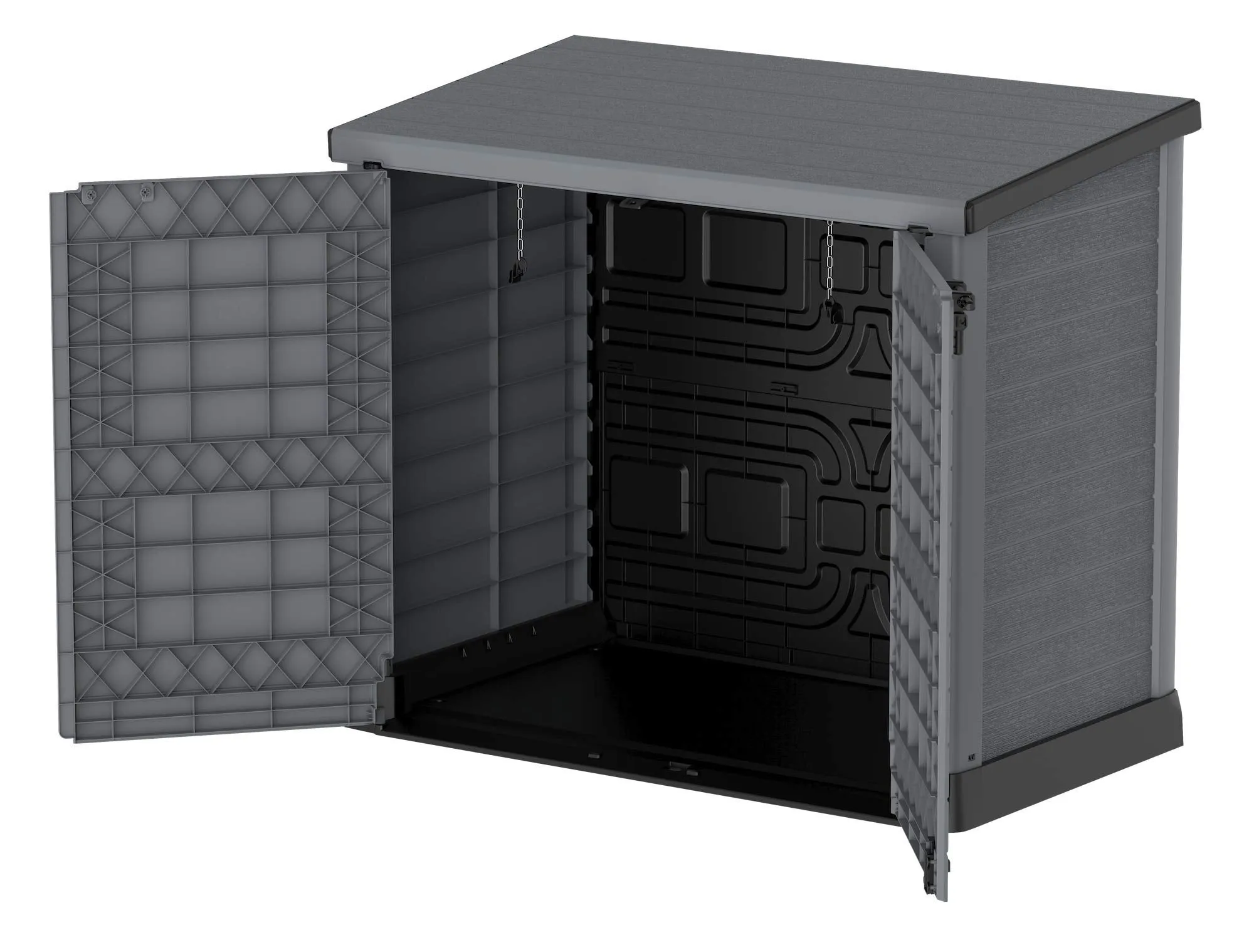 Duramax Cedargrain StoreAway 1200L Plastic Garden Storage Shed/ Flat Lid, Outdoor Storage, Wheelie bin box, Durable Construction– Ideal for Tools, Bikes, BBQs & 2x 240L Bins, 145x85x125 cm, Grey