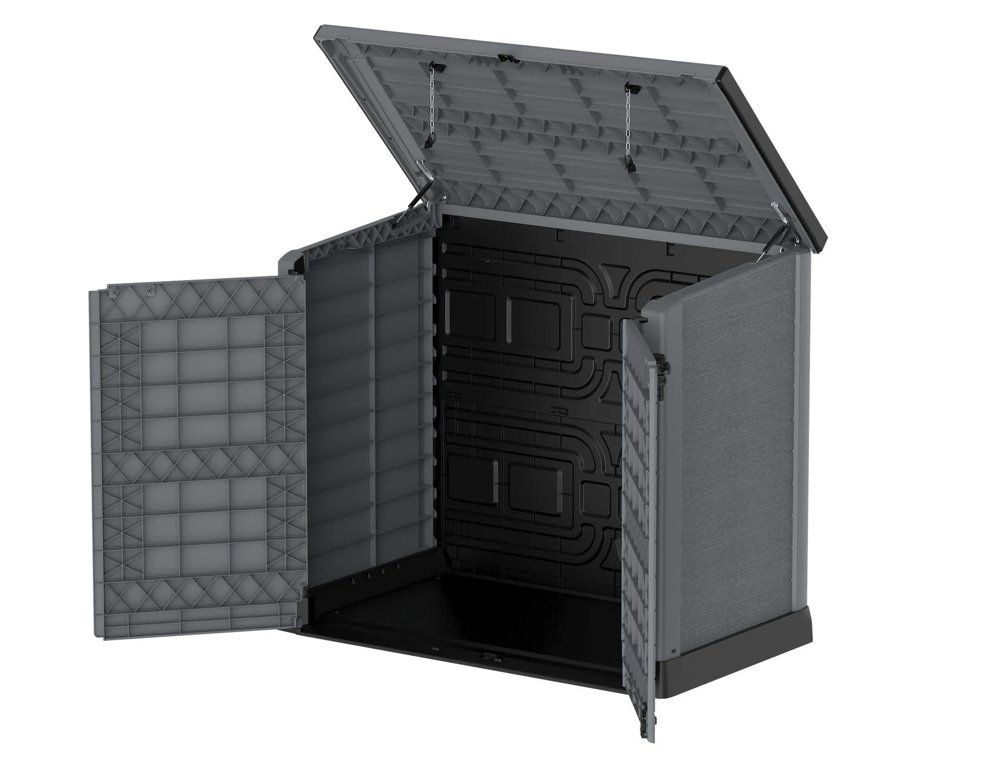 Duramax Cedargrain StoreAway 1200L Plastic Garden Storage Shed/ Flat Lid, Outdoor Storage, Wheelie bin box, Durable Construction– Ideal for Tools, Bikes, BBQs & 2x 240L Bins, 145x85x125 cm, Grey