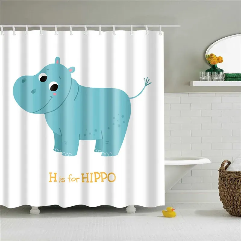 Fabric Shower Curtain Cute Cartoon Hippo Animals Dogs Cats Deer Bath Curtain Waterproof Polyester Bathroom Curtain with Hooks