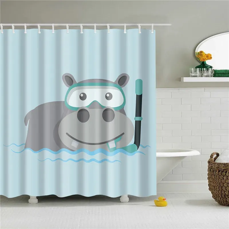 Fabric Shower Curtain Cute Cartoon Hippo Animals Dogs Cats Deer Bath Curtain Waterproof Polyester Bathroom Curtain with Hooks