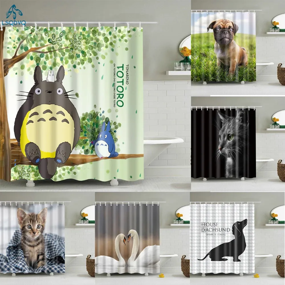 Fabric Shower Curtain Cute Cartoon Hippo Animals Dogs Cats Deer Bath Curtain Waterproof Polyester Bathroom Curtain with Hooks