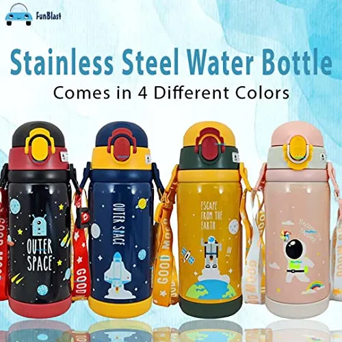 FunBlast Space Theme Hot & Cold Water Bottle for Kids - Double Walled Thermos Flask Vacuum Insulated Stainless Steel Bottle - Dual Cap Bottle with Straw & Wide Mouth Cap (450ML, Navy Blue, Pack of 1)