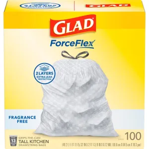 Glad Force Flex 13 gal No Scent Scent Kitchen Trash Bags Drawstring 100 pk 0.72 mil