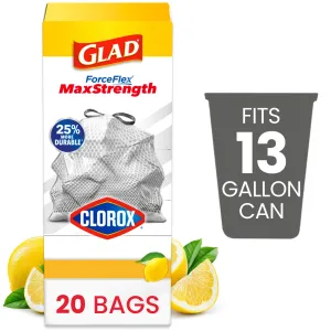 Glad ForceFlex MaxStrength with Clorox 13 Gallon Kitchen Trash Bags, Lemon Fresh Bleach, 20 Bags