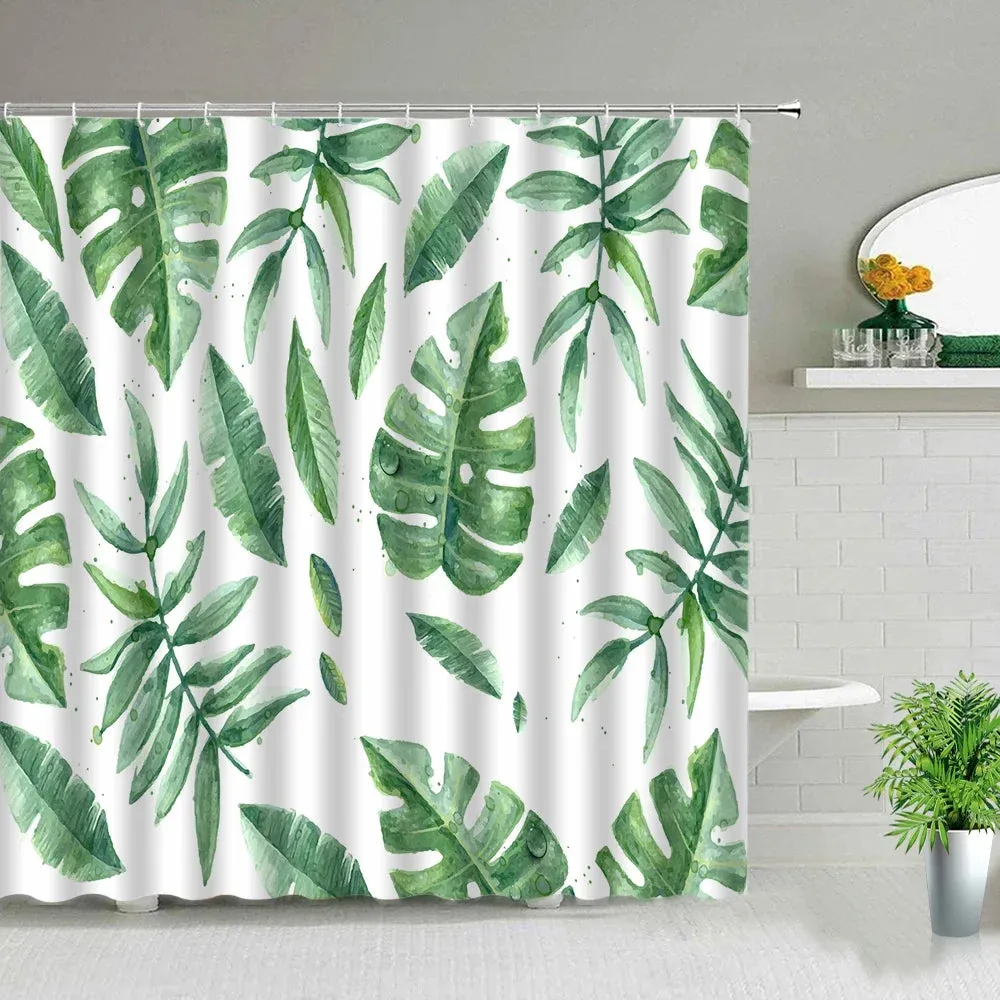 Green Tropical Plant Leaf Print Shower Curtain Bathroom Screen Waterproof Polyester Fabric Bath Curtains With Hooks Washable