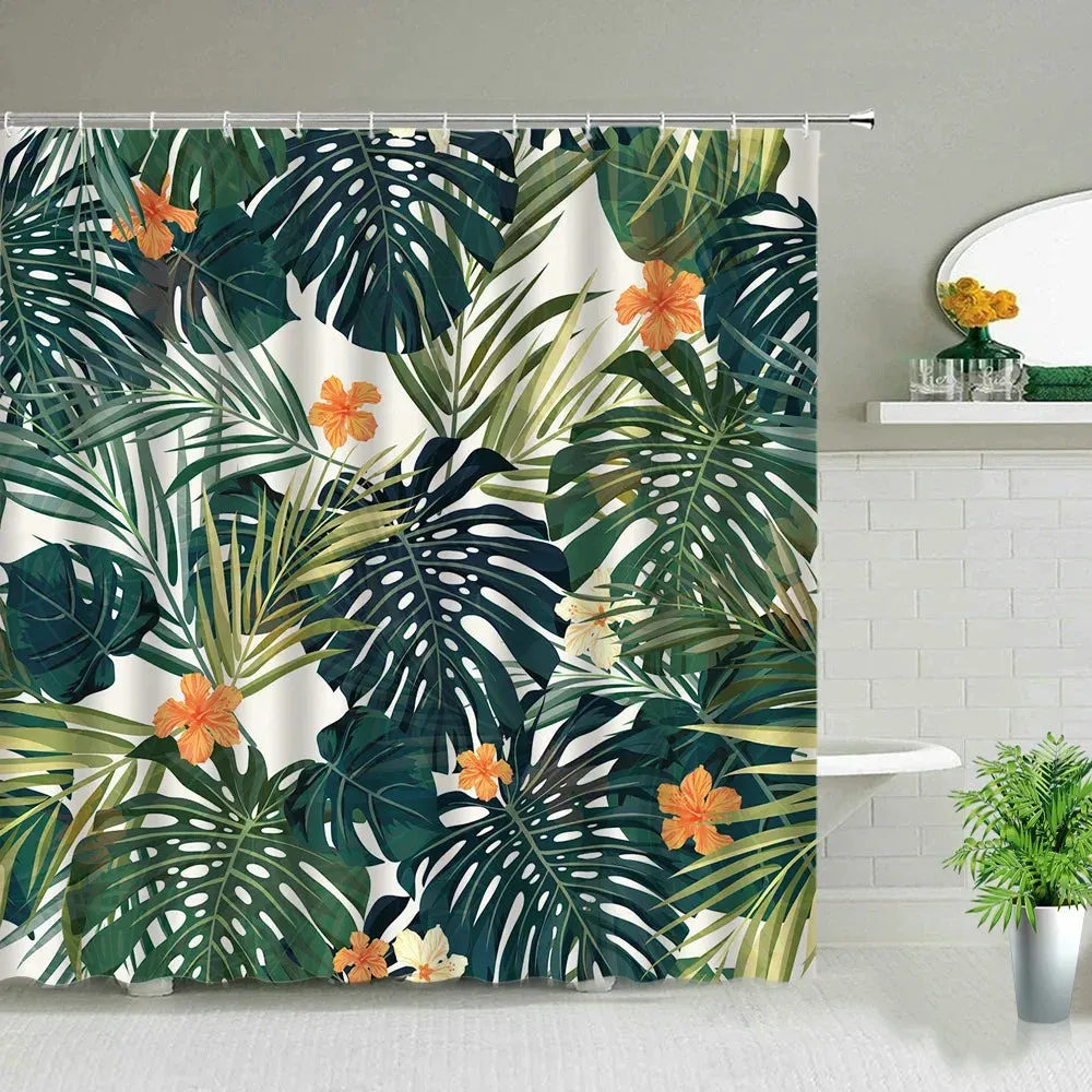 Green Tropical Plant Leaf Print Shower Curtain Bathroom Screen Waterproof Polyester Fabric Bath Curtains With Hooks Washable