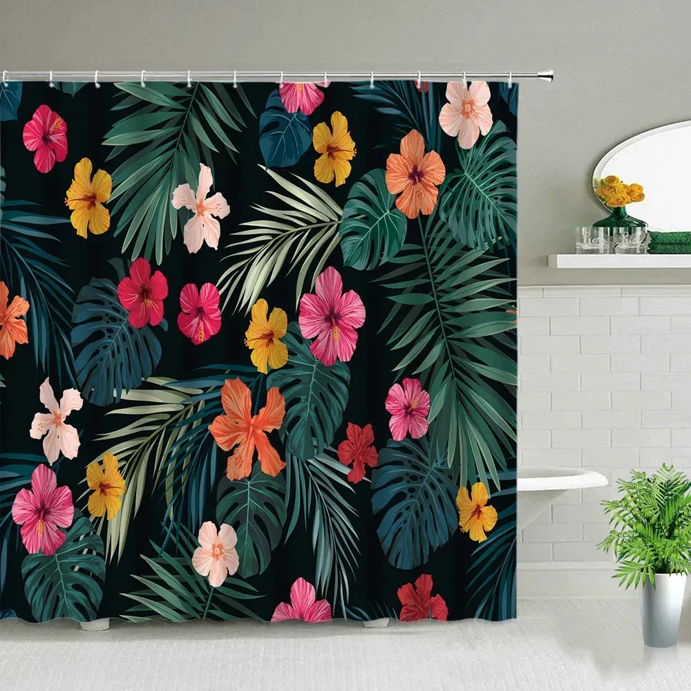 Green Tropical Plant Leaf Print Shower Curtain Bathroom Screen Waterproof Polyester Fabric Bath Curtains With Hooks Washable