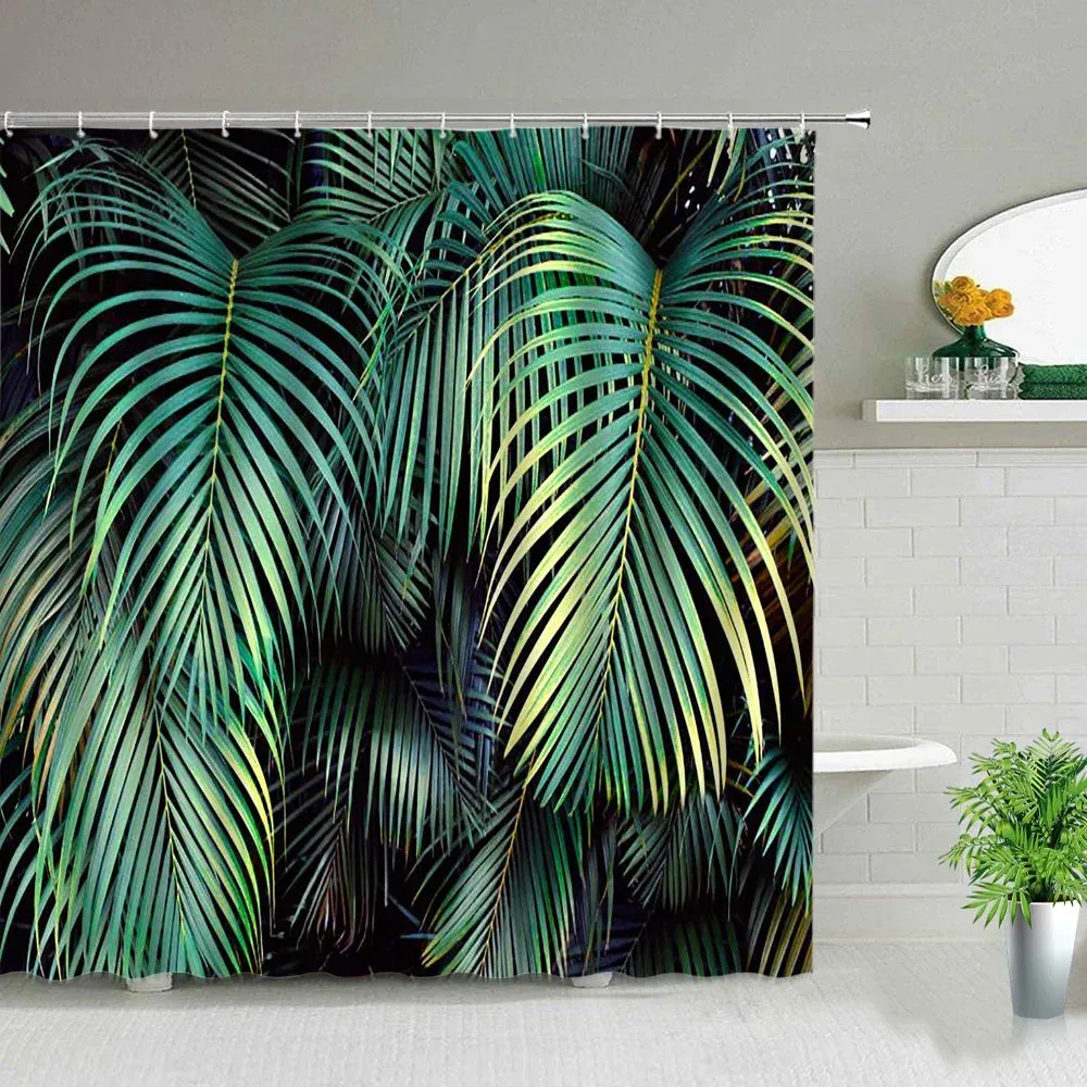 Green Tropical Plant Leaf Print Shower Curtain Bathroom Screen Waterproof Polyester Fabric Bath Curtains With Hooks Washable