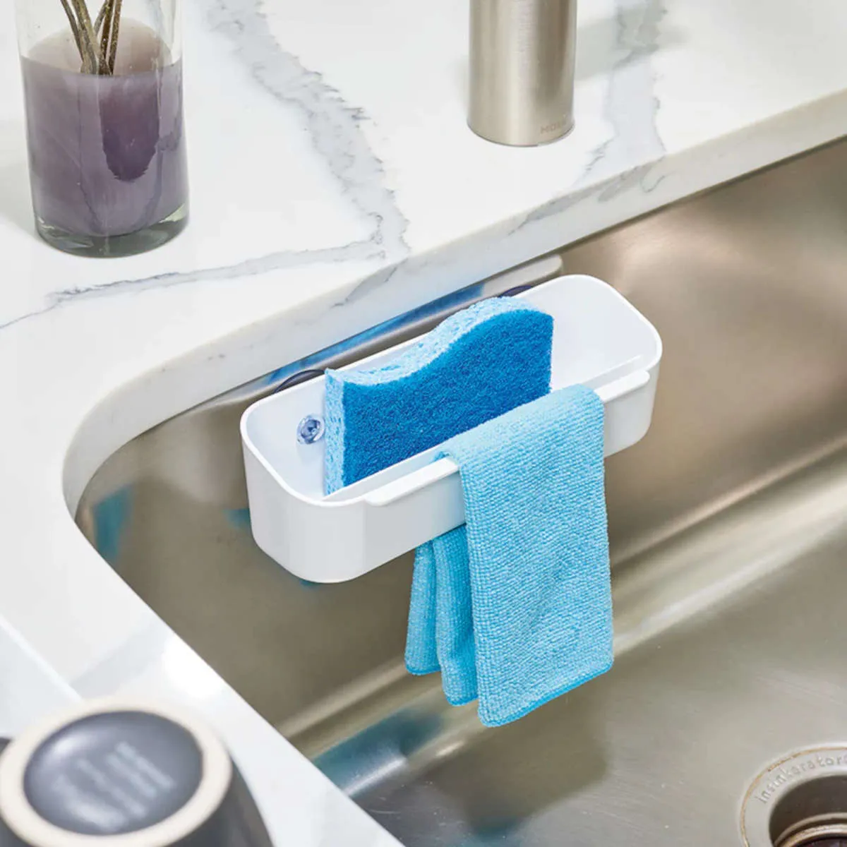 iDesign Suction Kitchen Sponge Caddy with Holder White