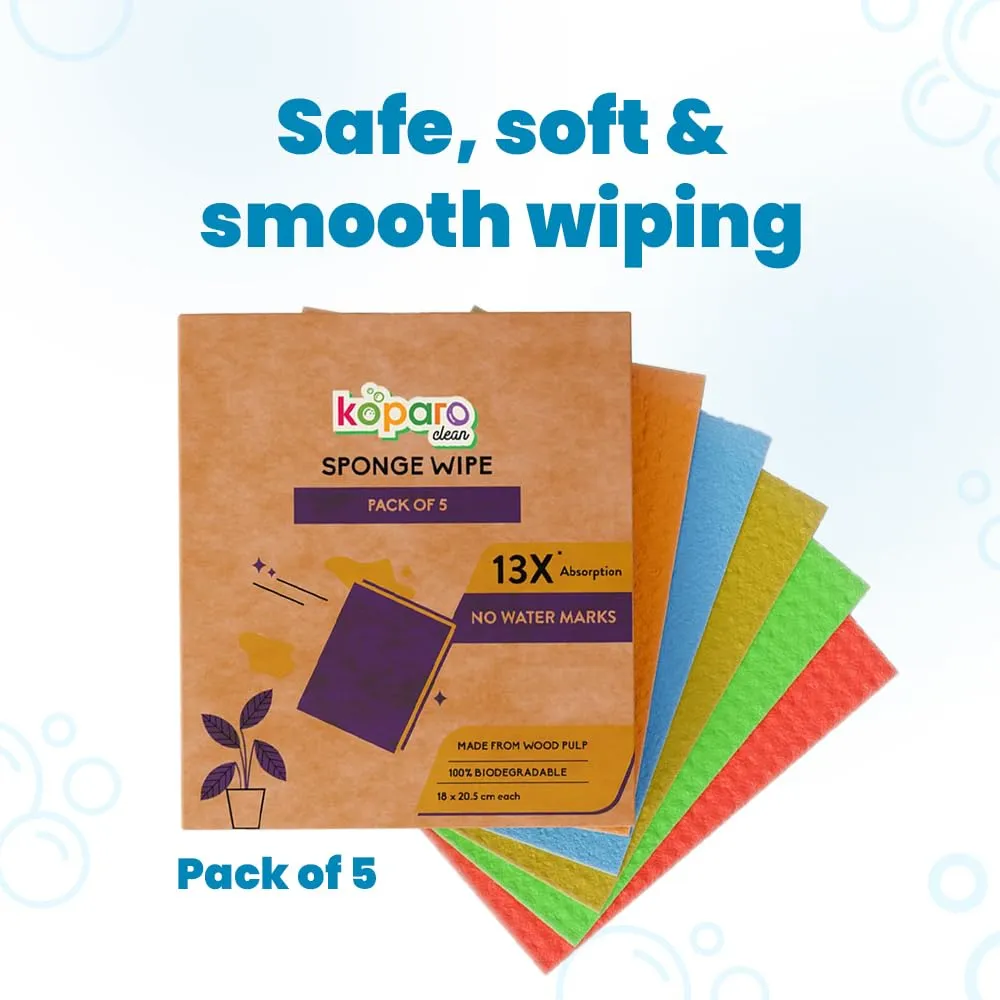 Koparo Natural Cellulose Based Sponge Wipe - Pack of 5 | 100% Bio-degradable, Durable & Lint-Free, Reusable and Washable | Kitchen/Microwave/Referigerator/and Home Cleaning | 13X Absorption | XL Size