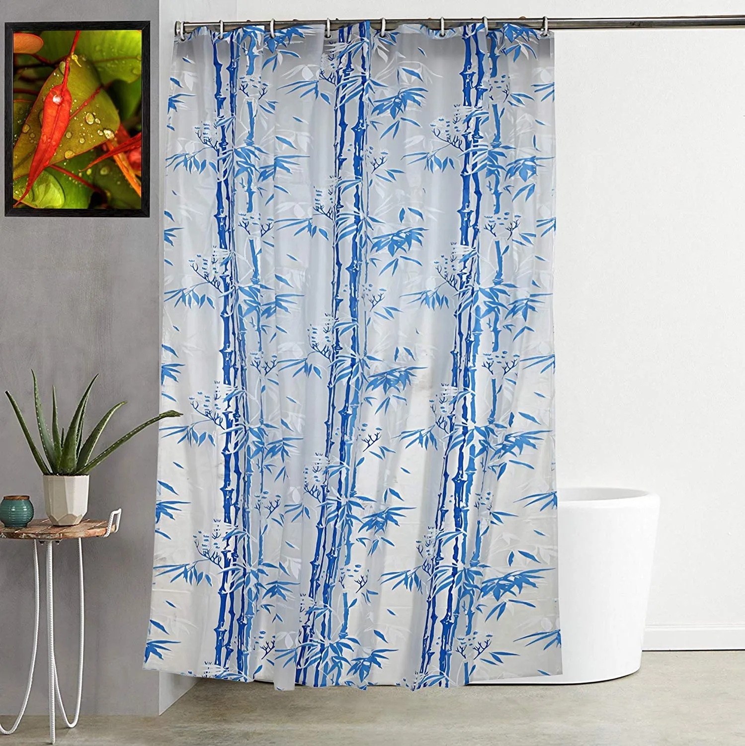 Kuber Industries Bamboo Design Waterproof PVC Shower Curtain with 8 Hooks 54 inch x 84 inch (Blue) CTKTC33775