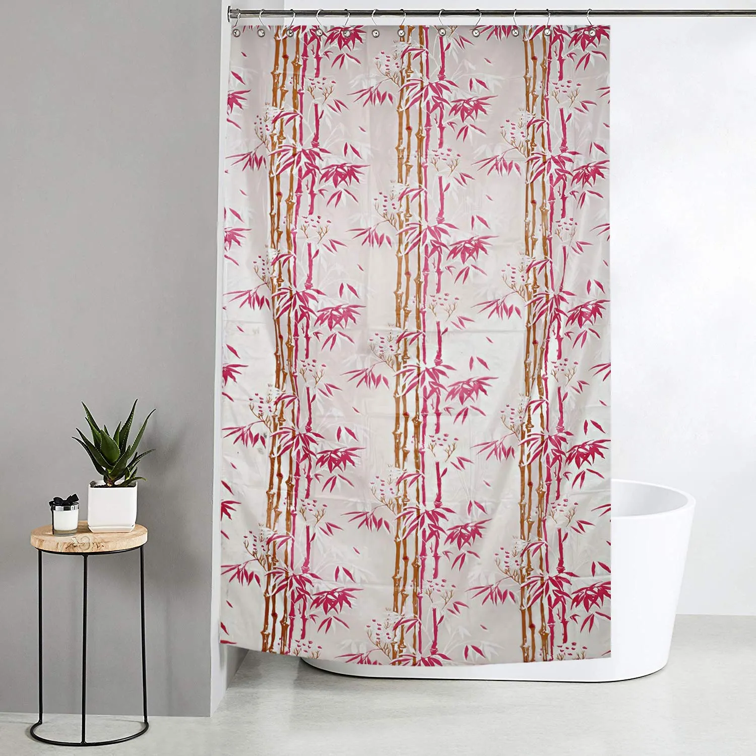 Kuber Industries Bamboo Design Waterproof PVC Shower Curtain with 8 Hooks (CTKTC33779, Pink, 54 x 84 inch)