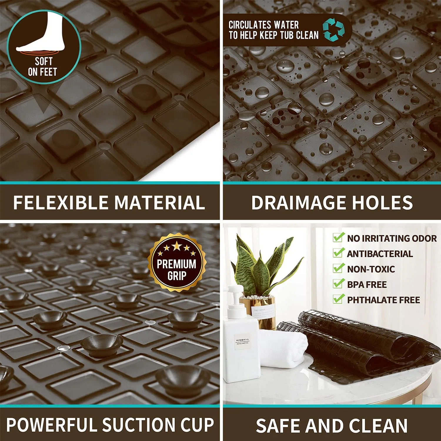 Kuber Industries Non Slip Shower Mat|Bath Mat with Drain Holes and Suction Cups|Brown