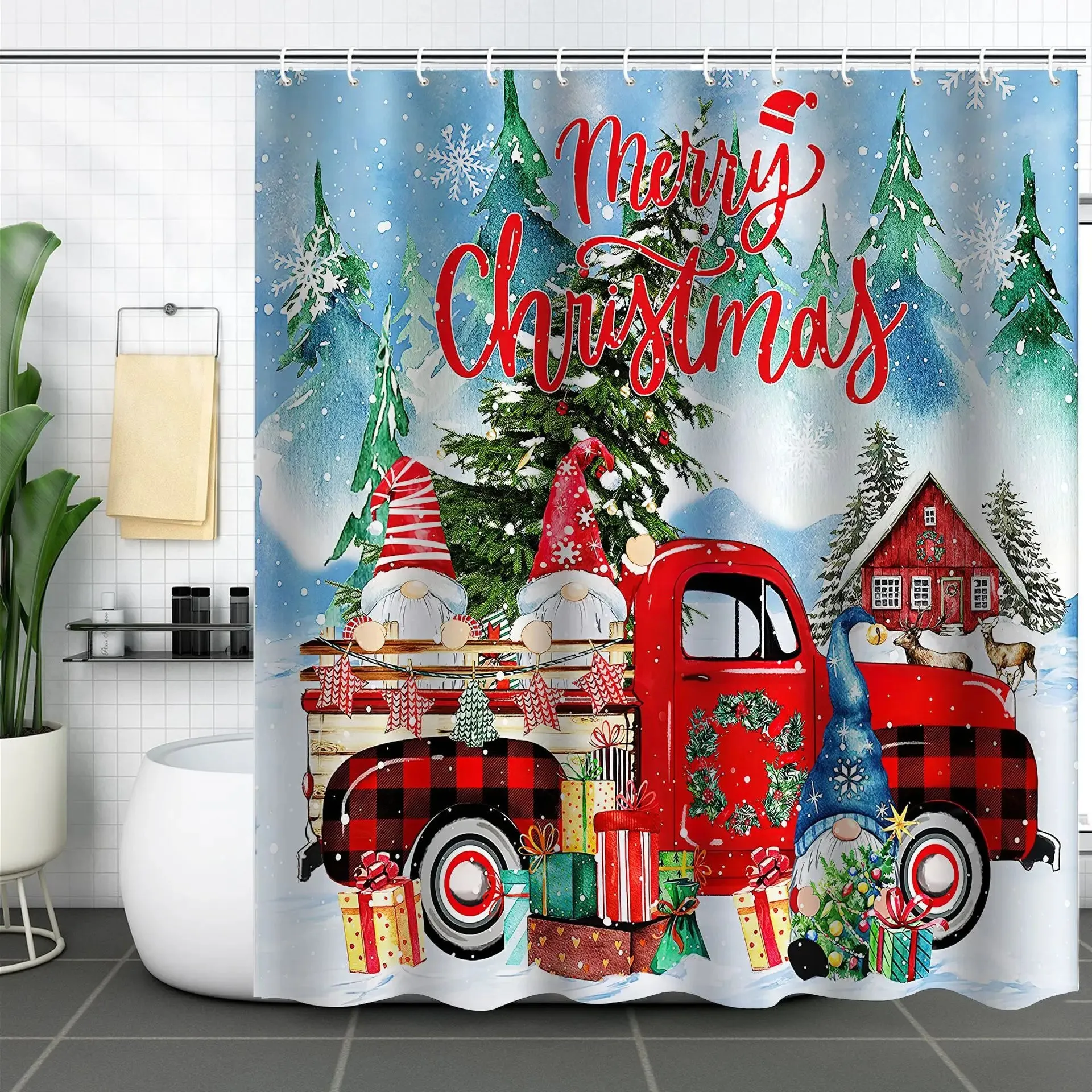 Navidad Christmas Shower Curtain for Bathroom Xmas Fireplace Window Winter Snowman Santa Claus Waterproof Bath Curtains Decor