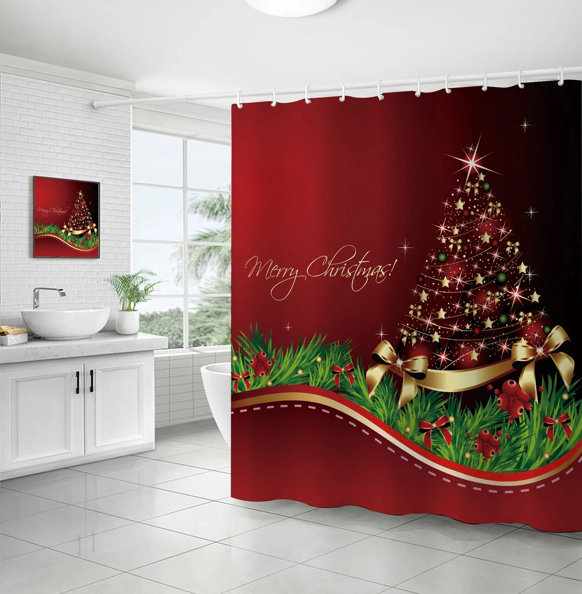 Navidad Christmas Shower Curtain for Bathroom Xmas Fireplace Window Winter Snowman Santa Claus Waterproof Bath Curtains Decor