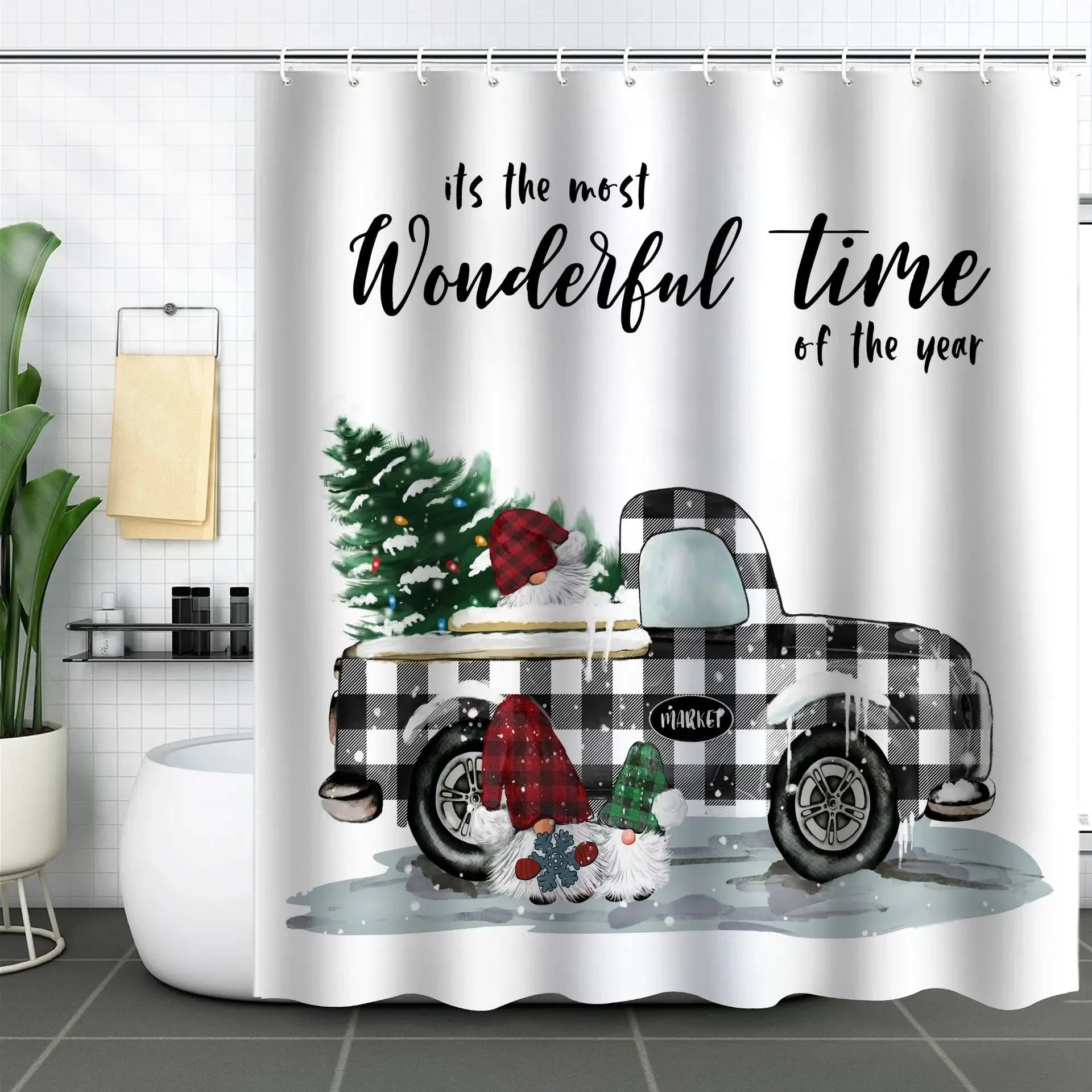 Navidad Christmas Shower Curtain for Bathroom Xmas Fireplace Window Winter Snowman Santa Claus Waterproof Bath Curtains Decor