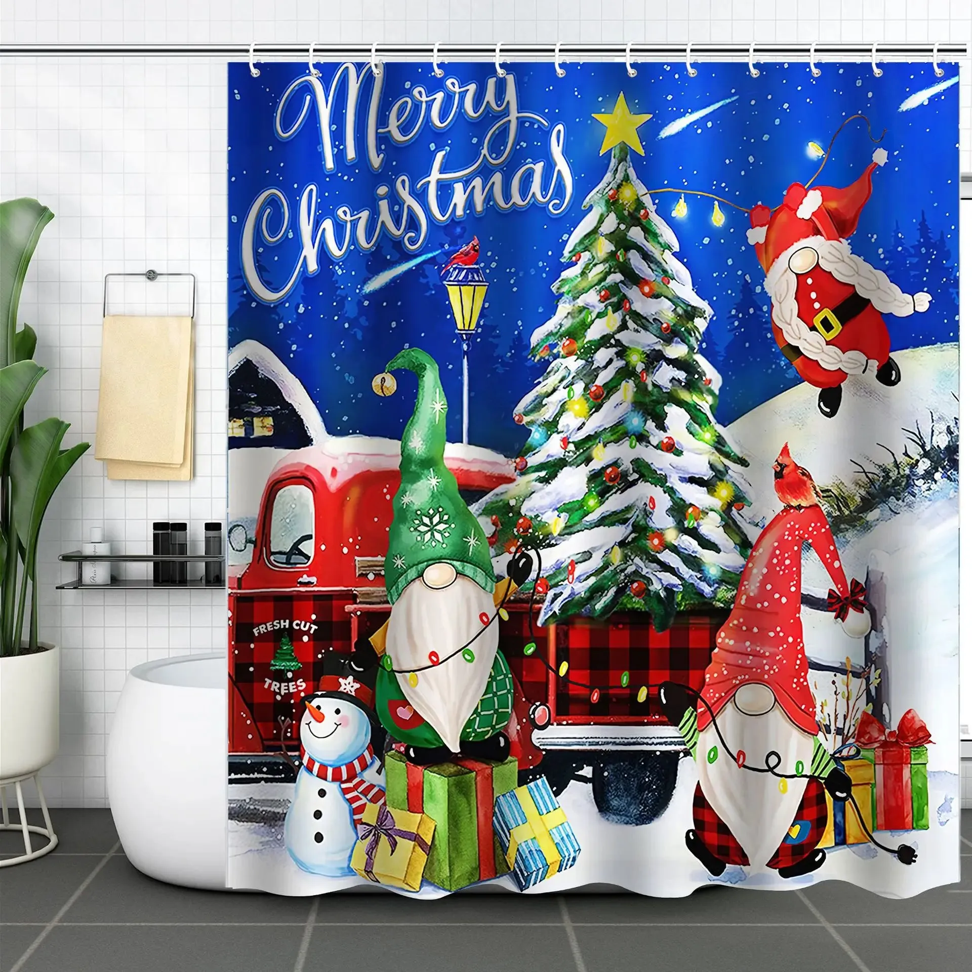 Navidad Christmas Shower Curtain for Bathroom Xmas Fireplace Window Winter Snowman Santa Claus Waterproof Bath Curtains Decor