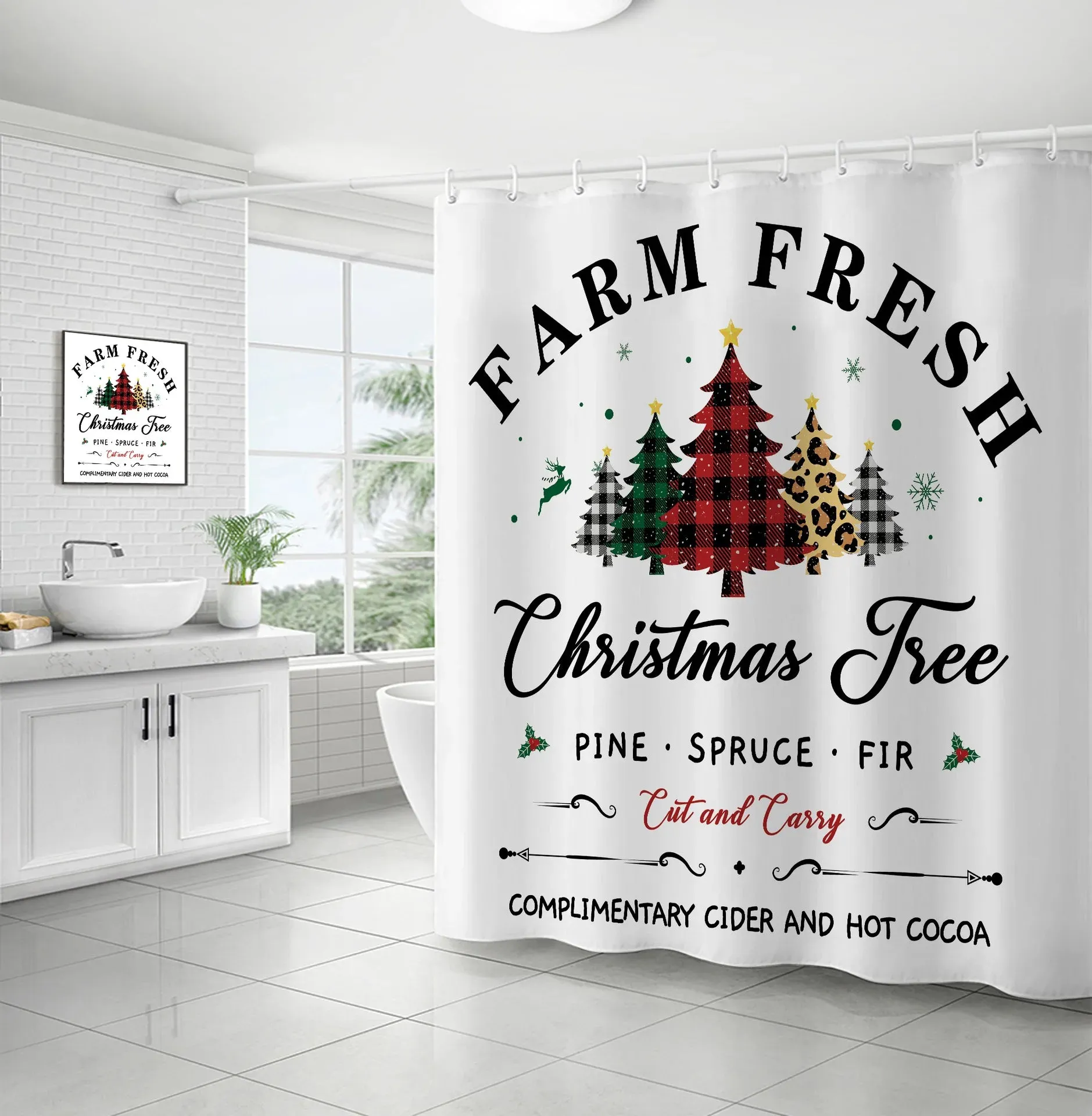 Navidad Christmas Shower Curtain for Bathroom Xmas Fireplace Window Winter Snowman Santa Claus Waterproof Bath Curtains Decor