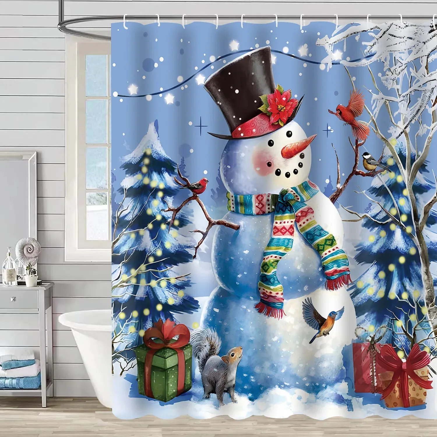 Navidad Christmas Shower Curtain for Bathroom Xmas Fireplace Window Winter Snowman Santa Claus Waterproof Bath Curtains Decor