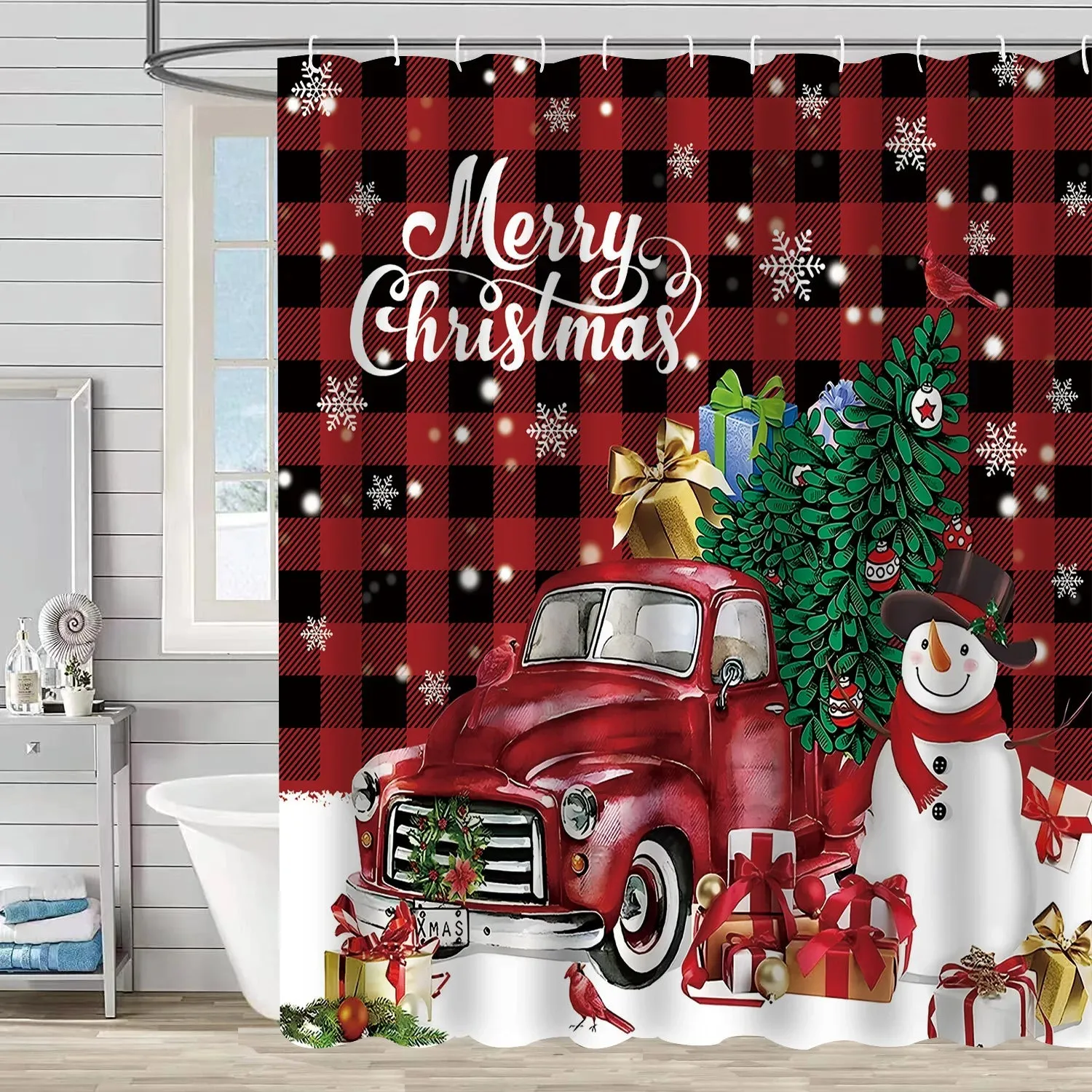 Navidad Christmas Shower Curtain for Bathroom Xmas Fireplace Window Winter Snowman Santa Claus Waterproof Bath Curtains Decor